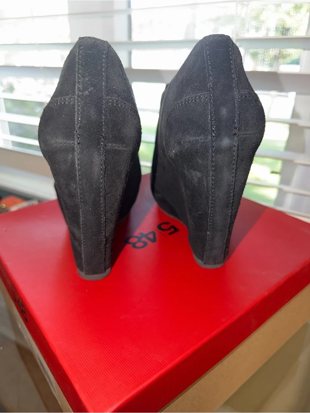 5|48 Black Suede Wedge Ankle Booties Size 8.5